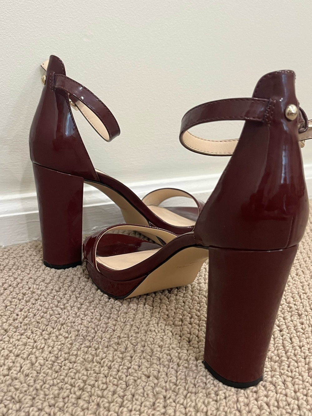 Like new! Nine West Burgundy Patent Ankle-Strap Block Heels - Picture 3 of 14